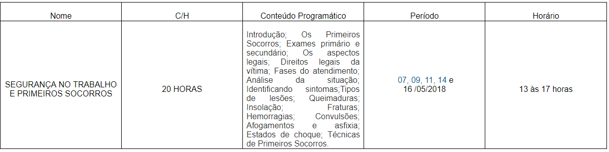 tabela com informações sobre o curso